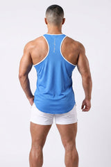 Jed North schnelltrocknendes Bodybuilding-Workout-Stringer-Shirt für Herren - Blau mit Weiß