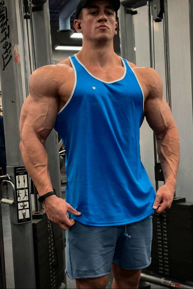Jed North schnelltrocknendes Bodybuilding-Workout-Stringer-Shirt für Herren - Blau mit Weiß