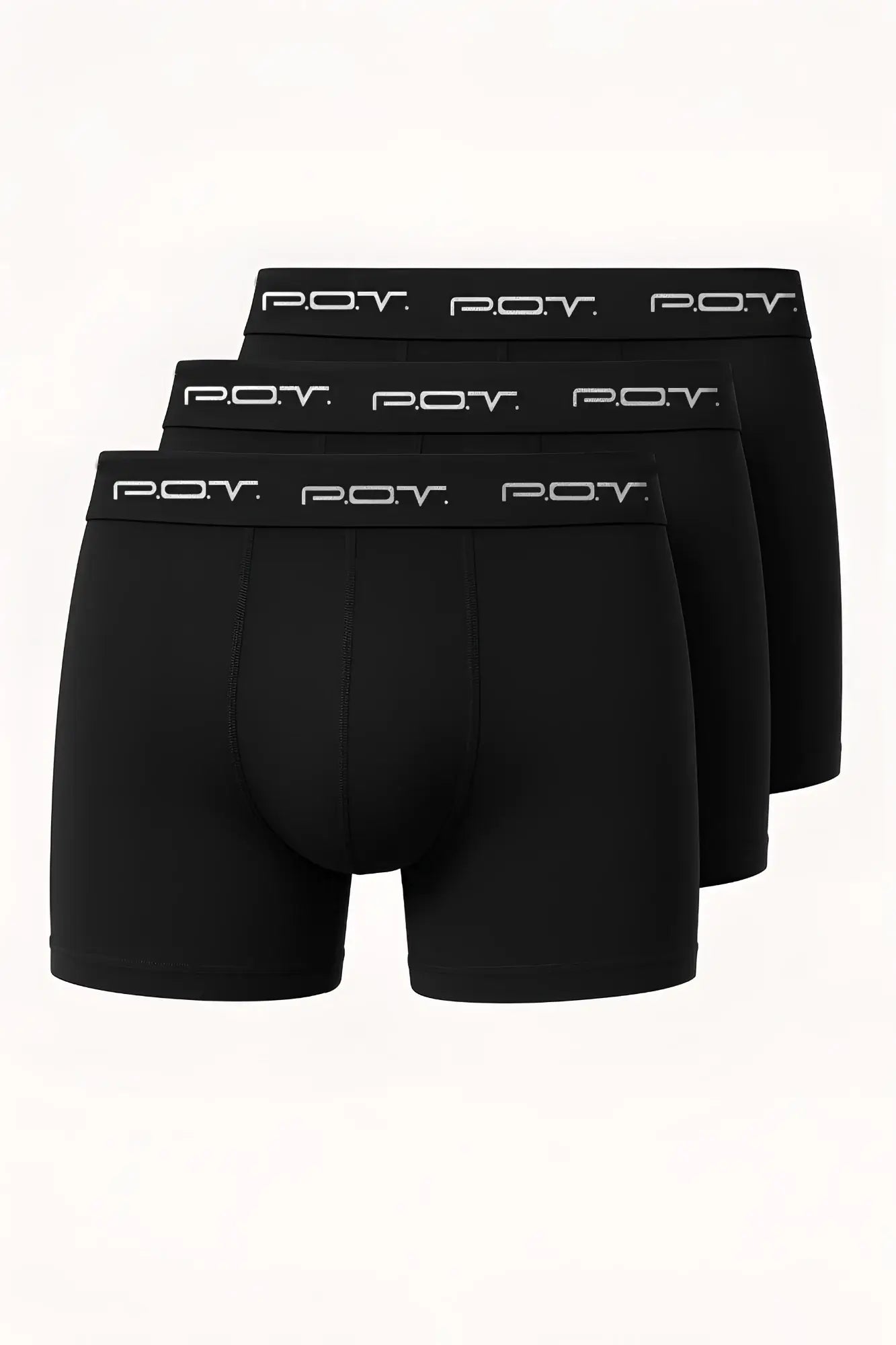 Black men’s boxer briefs in 3 pack made of 100% cotton with white pov logo on the waistband