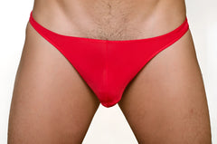 Red form-fitting thong made of smooth stretchy fabric shown from the back in a 3 pack pride metro thong set