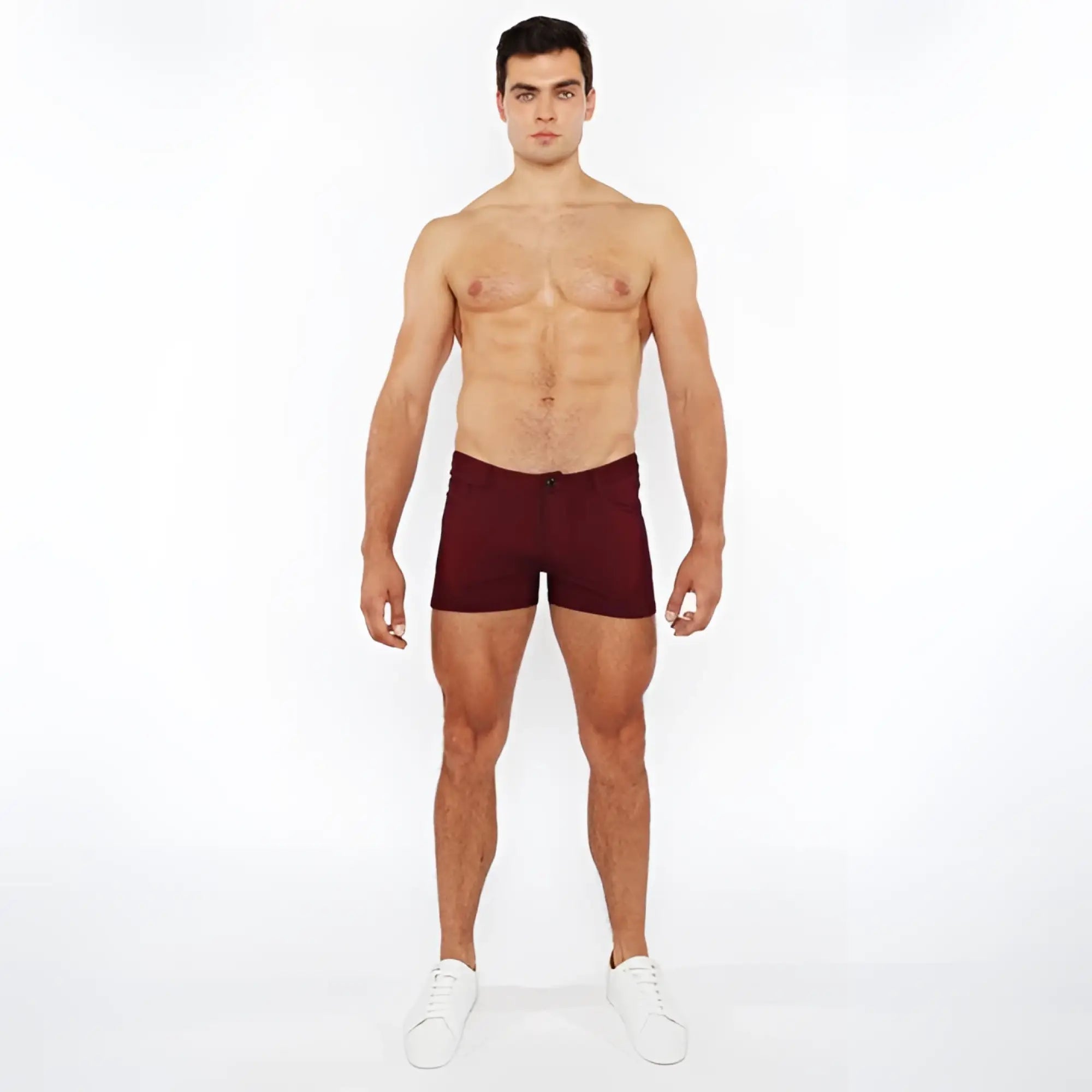 Maroon 3 inch stretch knit duo tone athletic shorts with sleek fitted design and single front button closure