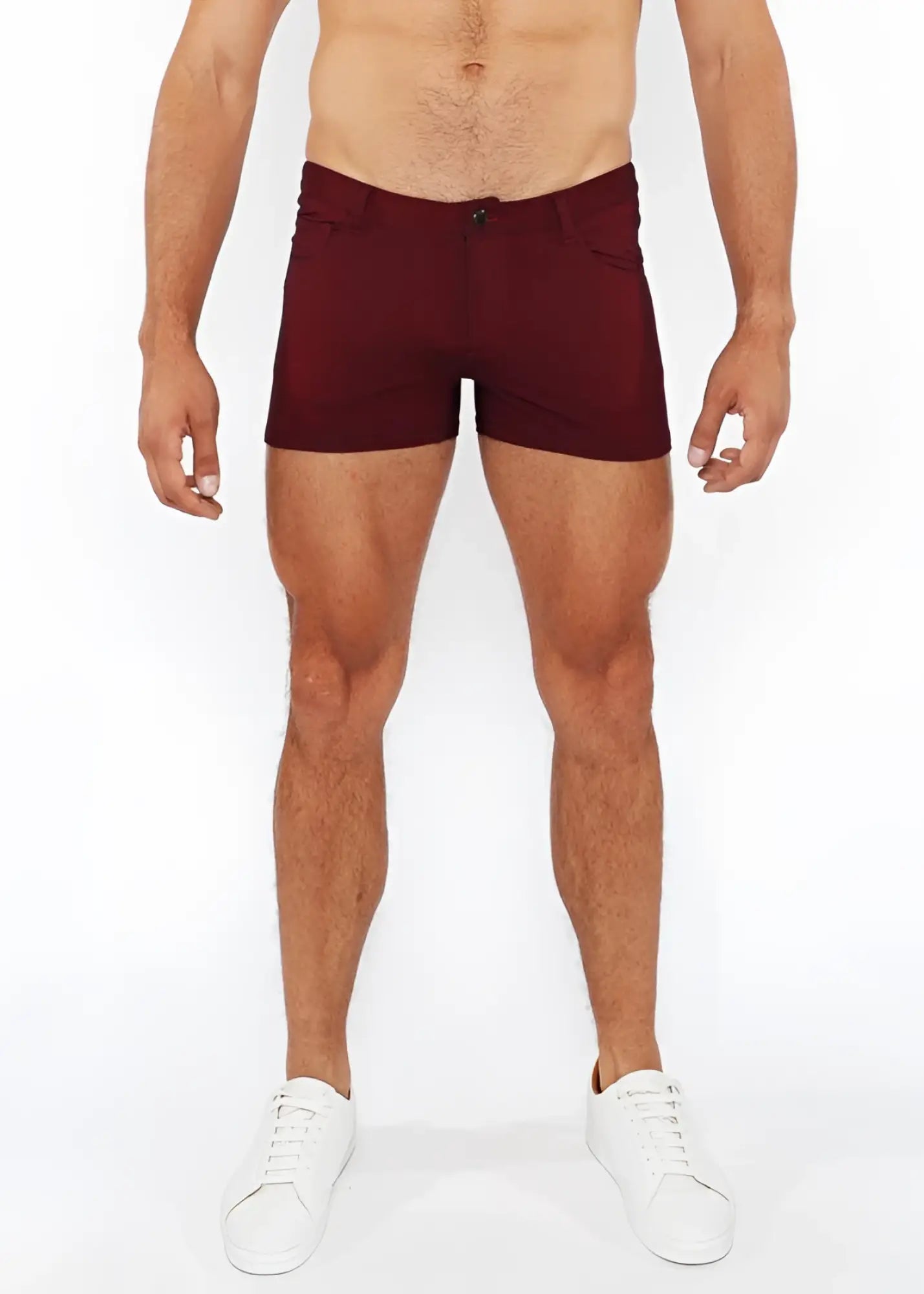 Maroon 3 inch stretch knit duo tone shorts with form fitting design, button closure, and side pockets