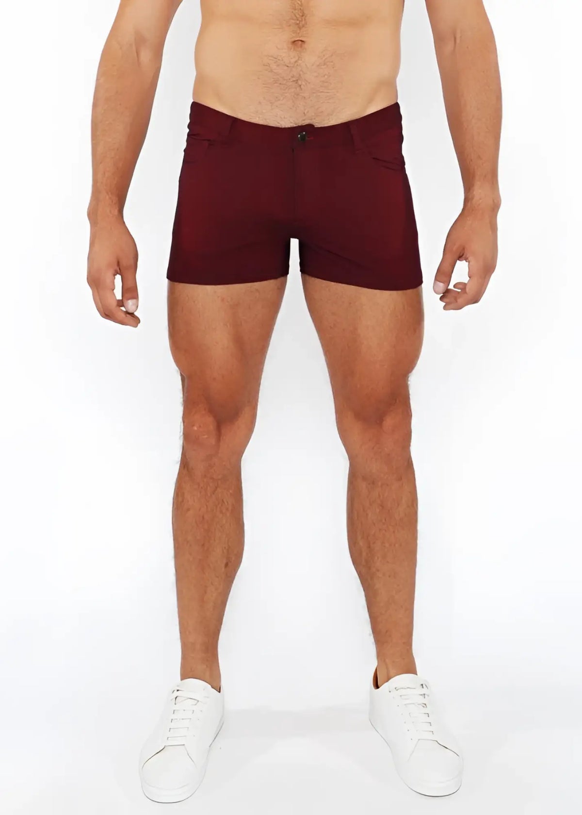 Maroon 3 inch stretch knit duo tone shorts with form fitting design, button closure, and side pockets