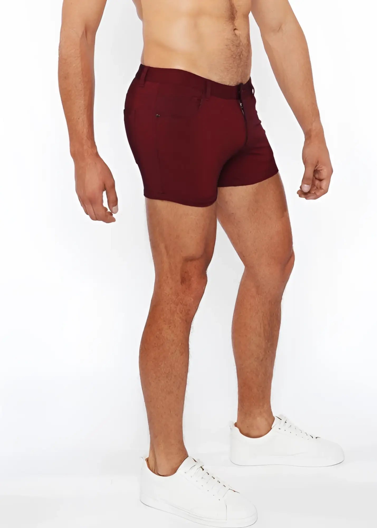Maroon stretch knit duo tone 3 inch shorts with zipper fly and side pockets in a form fitting design