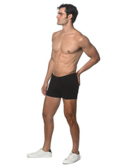 Black 3 inch stretch knit short briefs with sleek form-fitting design made of stretch knit fabric