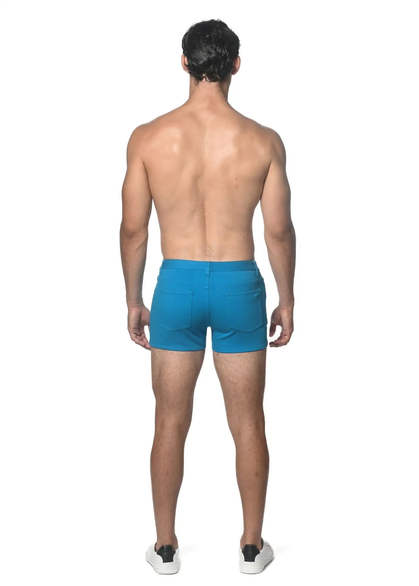 Blue 3 inch stretch knit athletic shorts with a simple design and subtle back pocket detail shown from the back