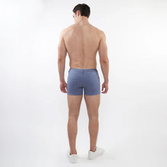 Blue denim 3 inch stretch knit shorts with classic fit and rear pockets showing the back side of the product