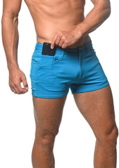 Bright blue 3 inch stretch knit denim shorts with classic five pocket design and comfortable fit
