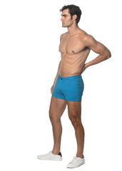 Bright blue 3 inch stretch knit shorts with form-fitting fit five-pocket design and button closure