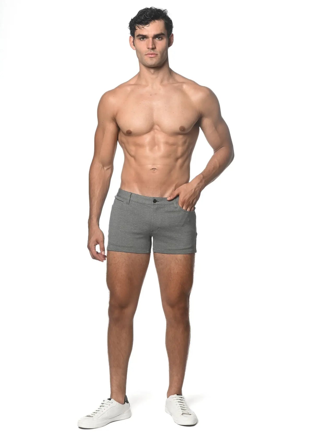 Gray stretch knit 3 inch denim shorts with classic five-pocket design and belt loops for casual wear