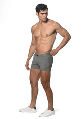 Gray 3 inch stretch knit shorts for men with classic five-pocket design and subtle stitching details