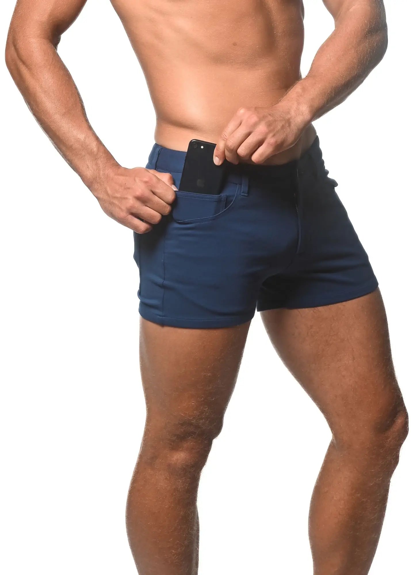 Navy blue 3 stretch knit athletic shorts with a fitted design and multiple pockets ideal for active wear