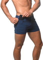 Navy blue 3 stretch knit athletic shorts with a fitted design and multiple pockets ideal for active wear