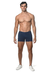 Navy blue 3 inch stretch knit briefs with front zipper closure designed for comfortable everyday wear