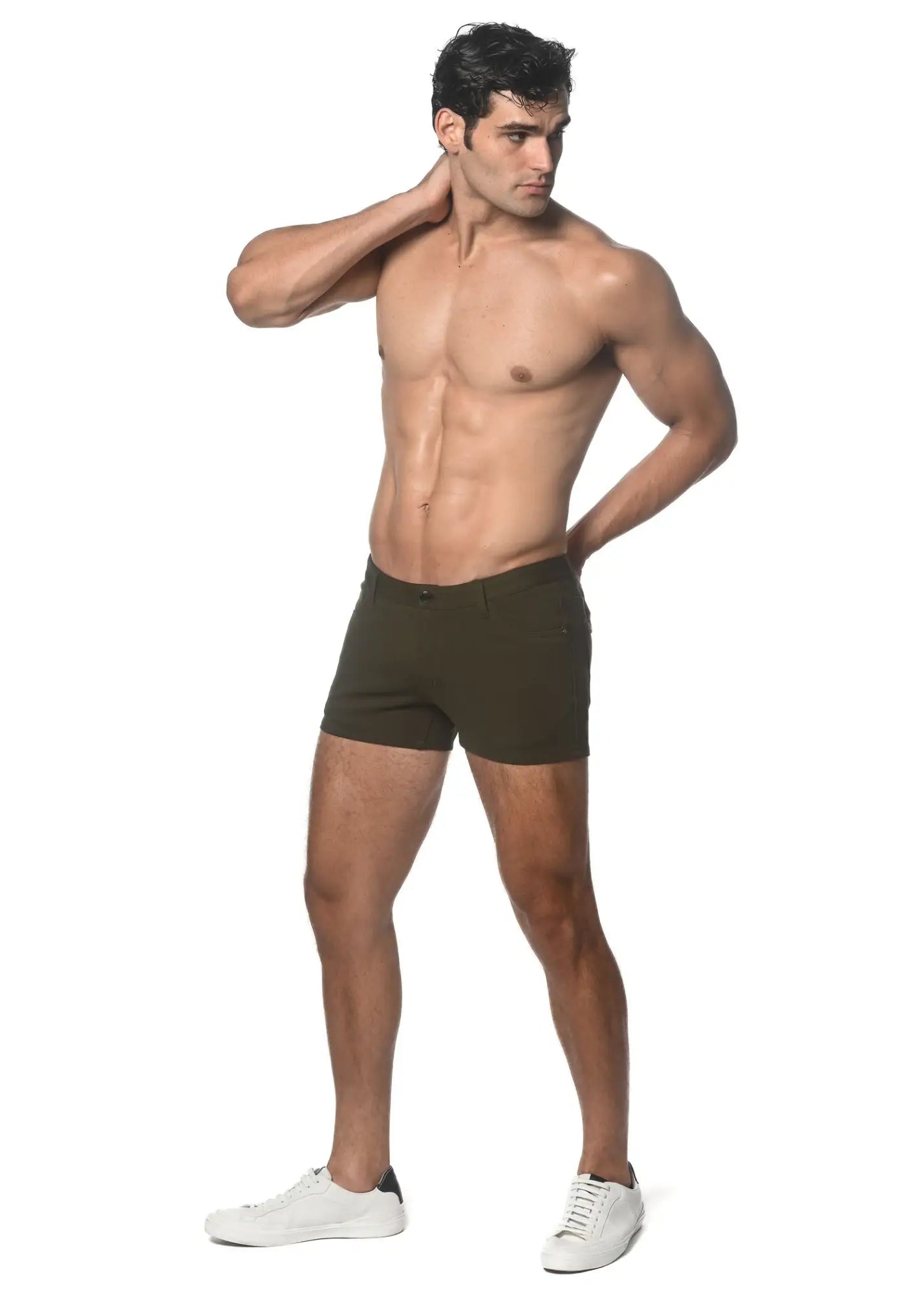 Olive green cotton briefs with 3 inch stretch knit short design for comfortable everyday wear