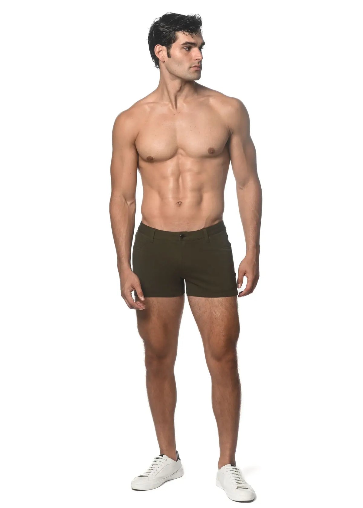 Olive green cotton stretch knit short briefs with 3 inch inseam and single button closure for comfortable wear