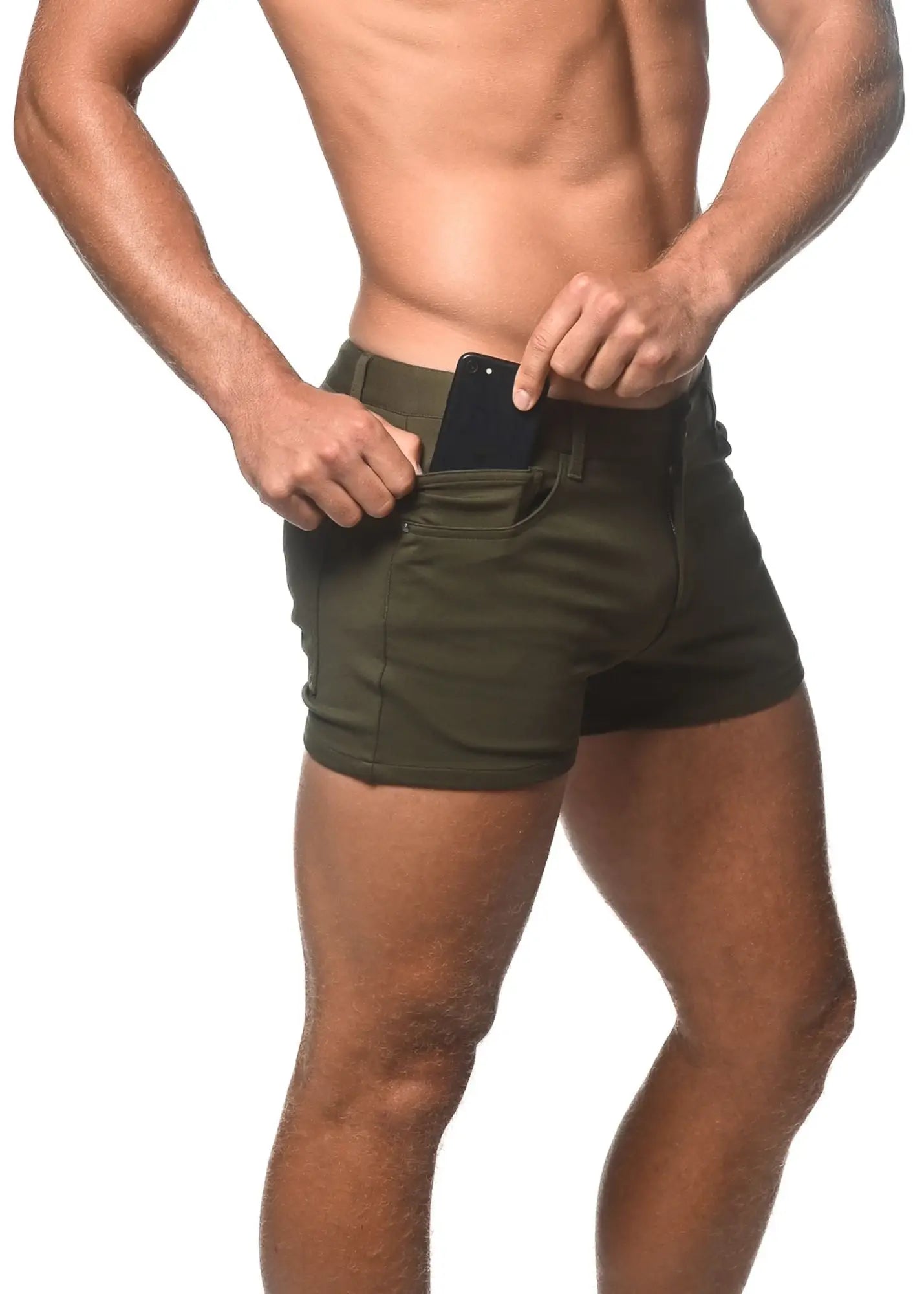 Olive green 3 inch stretch knit shorts with sleek modern design and functional side pockets