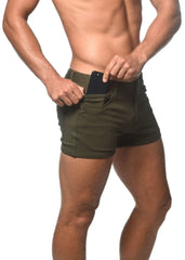 Olive green 3 inch stretch knit shorts with sleek modern design and functional side pockets