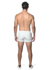 White stretch knit 3 inch shorts with classic five-pocket design and clean tailored fit in denim material