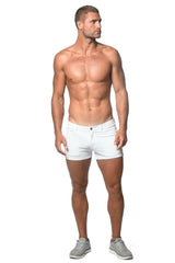 White denim 3 inch stretch knit short with classic five-pocket design and button closure front view