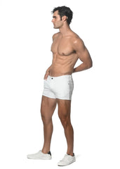 White stretch knit denim shorts with 3 inch inseam classic five-pocket design and button closure