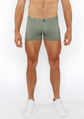 Men’s olive green heathered cotton 3 inch stretch knit two tone shorts with button closure and side pockets