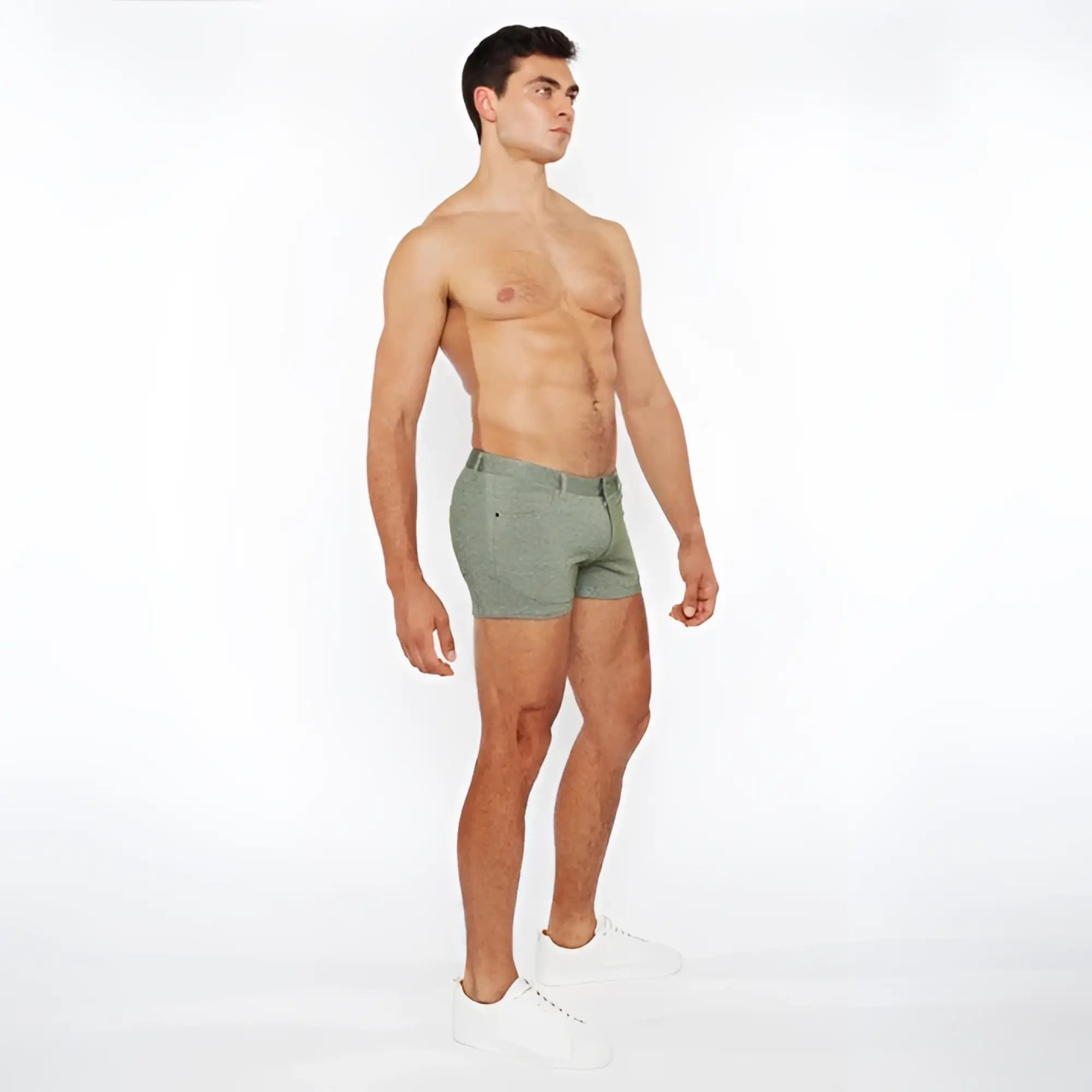 A pair of olive green slim-fit boxer shorts in stretch knit with a subtle textured fabric and modern design