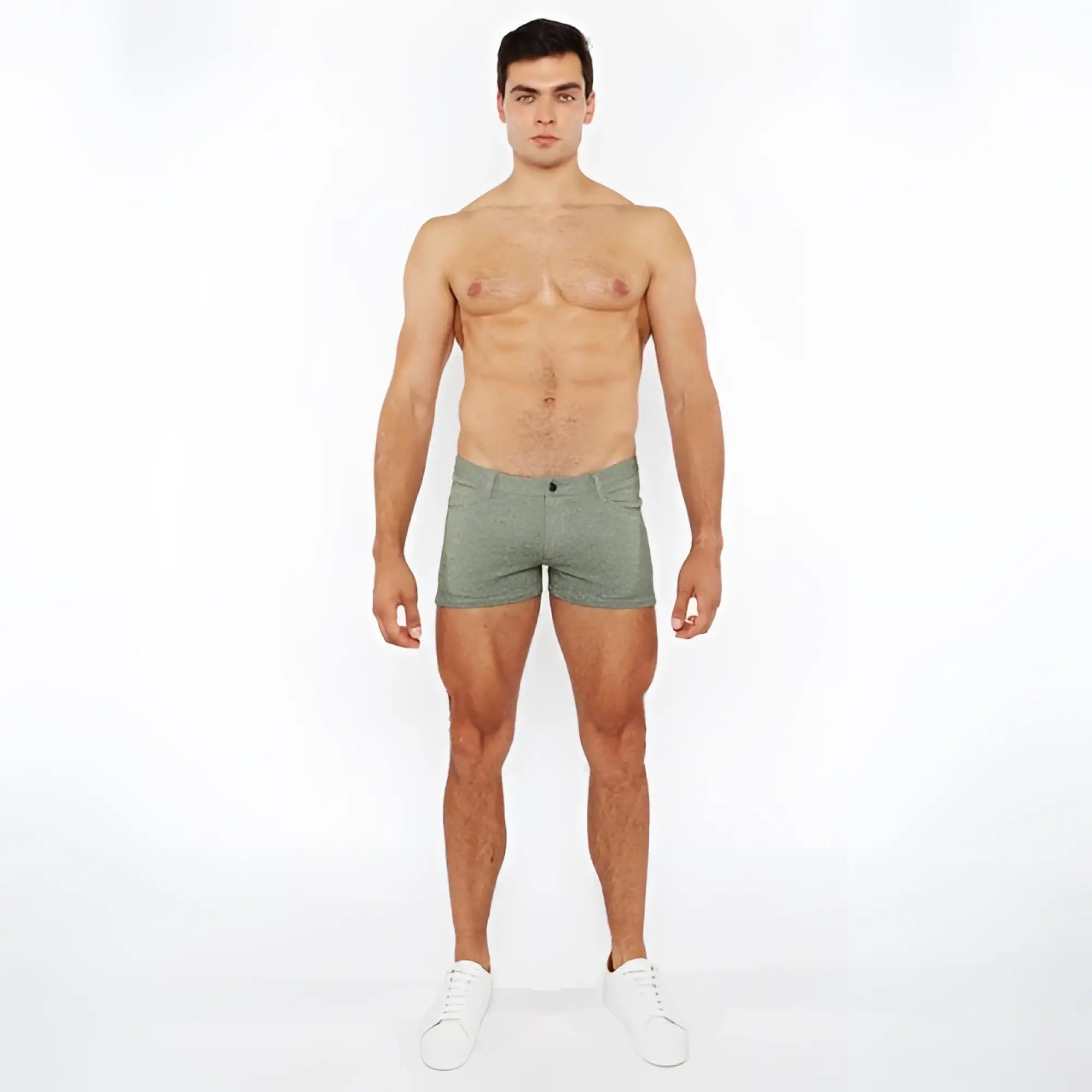 A pair of olive green textured 3 inch stretch knit two tone briefs with a subtle pattern and button closure