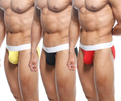Three men’s athletic bikini briefs in yellow black and red with white elastic waistbands from MetroMaleWear 3PACK