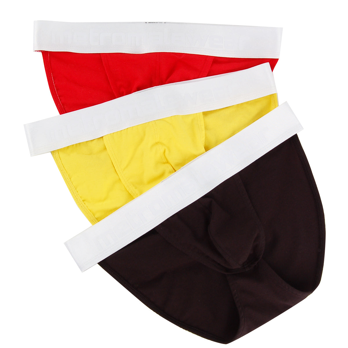 Three pairs of MetroMaleWear Asian bikini men’s briefs in red yellow and dark brown with white elastic waistbands