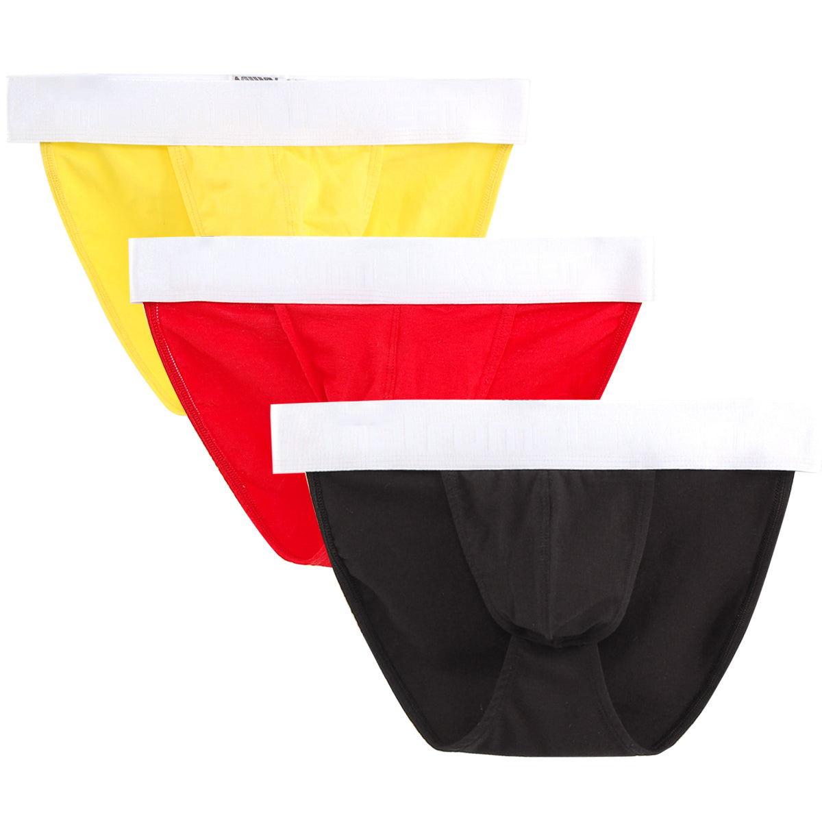 Three-pack of MetroMaleWear Asian bikini briefs in yellow red and black with white elastic waistbands