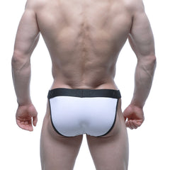 White briefs with black trim and a branded waistband metro male wear contrast bikini white 3004-c00