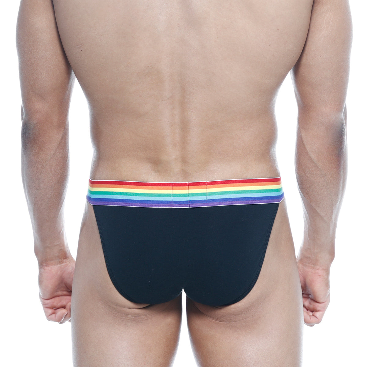 Black briefs with rainbow-striped elastic waistband metroMalewear pride bikini black 3004-R20 front view