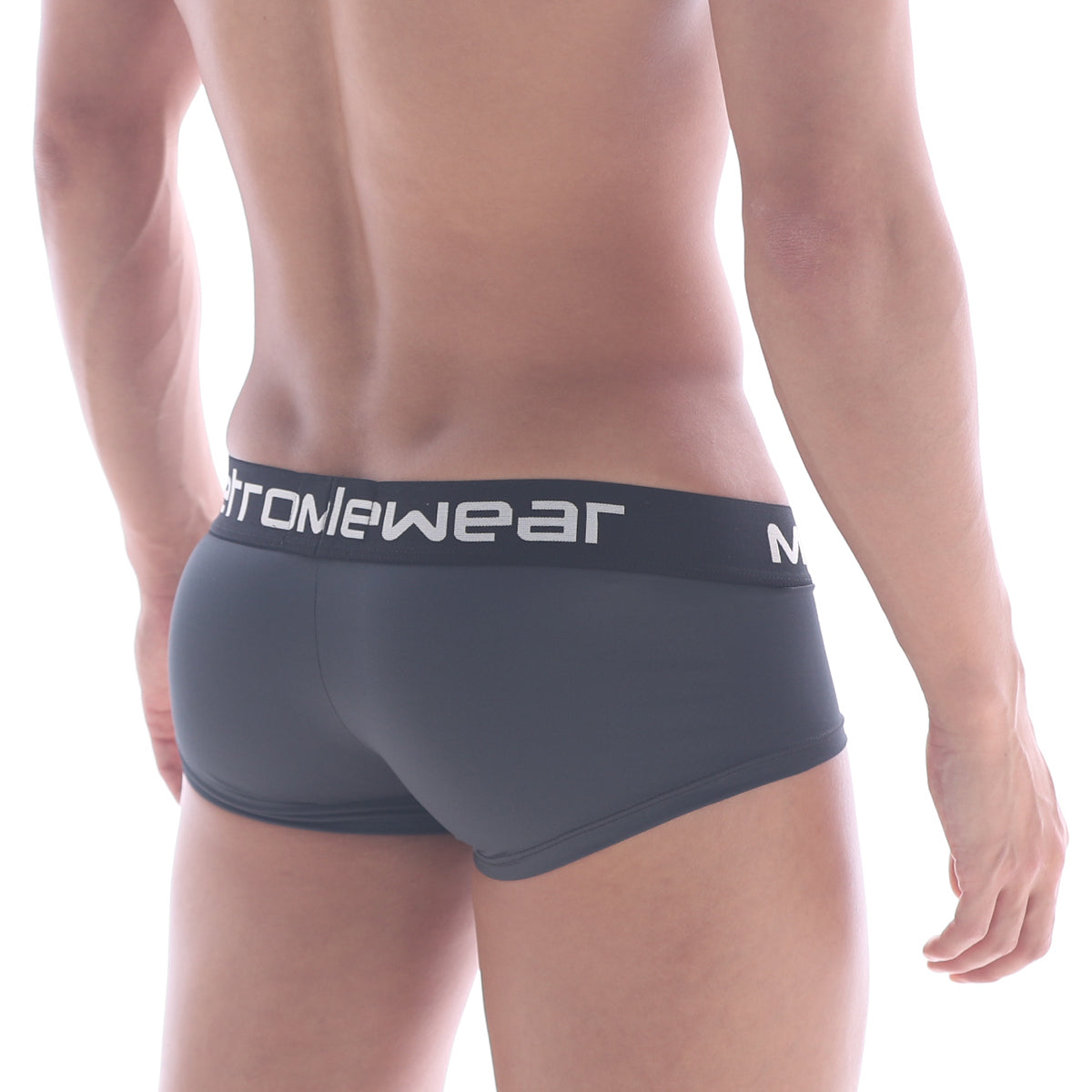 Dark gray form-fitting men’s briefs with black elastic waistband and white stromewear branding metro malewear bulge boxer twilight