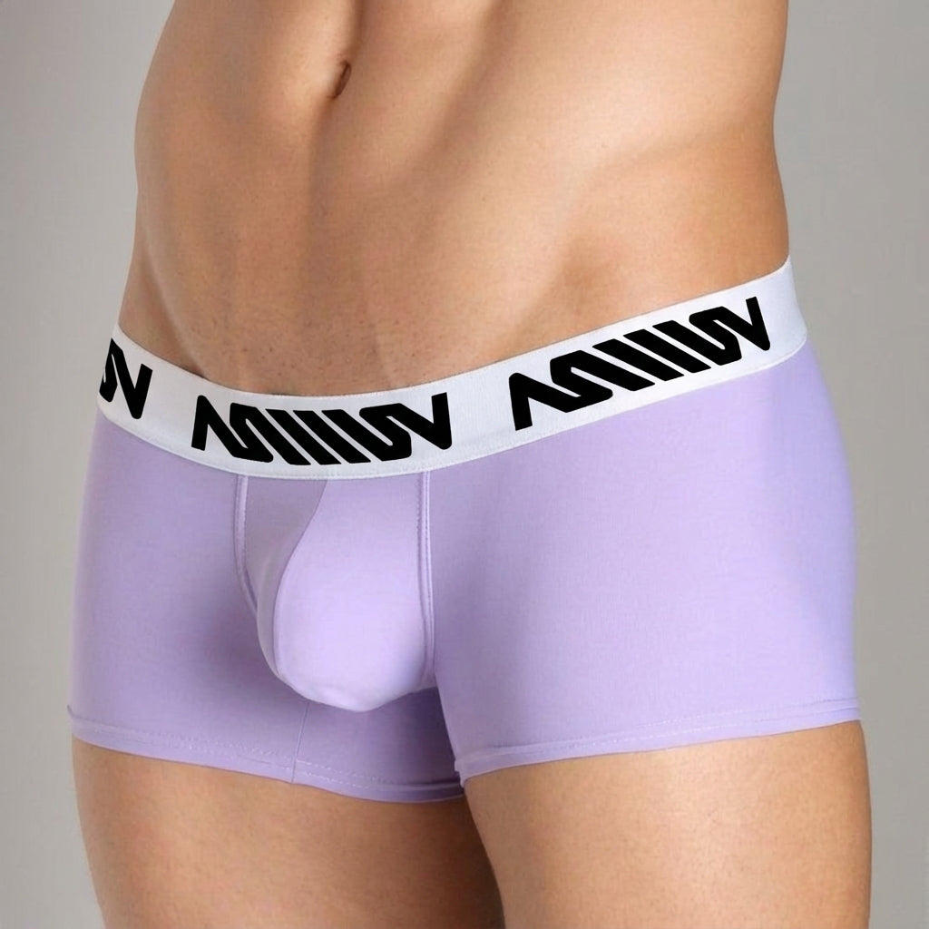 Lavender metro malewear bulge boxer briefs with white elastic waistband and black stylized lettering in polyester blend