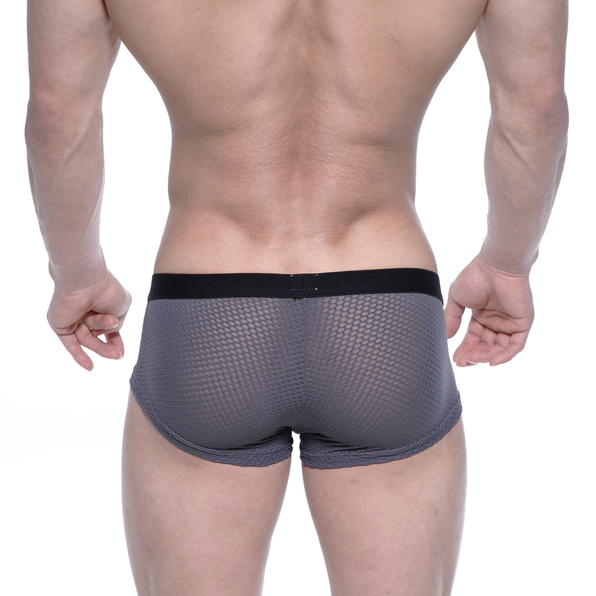 MetroMalewear bulge boxer gray mesh briefs with black elastic waistband showing front side design