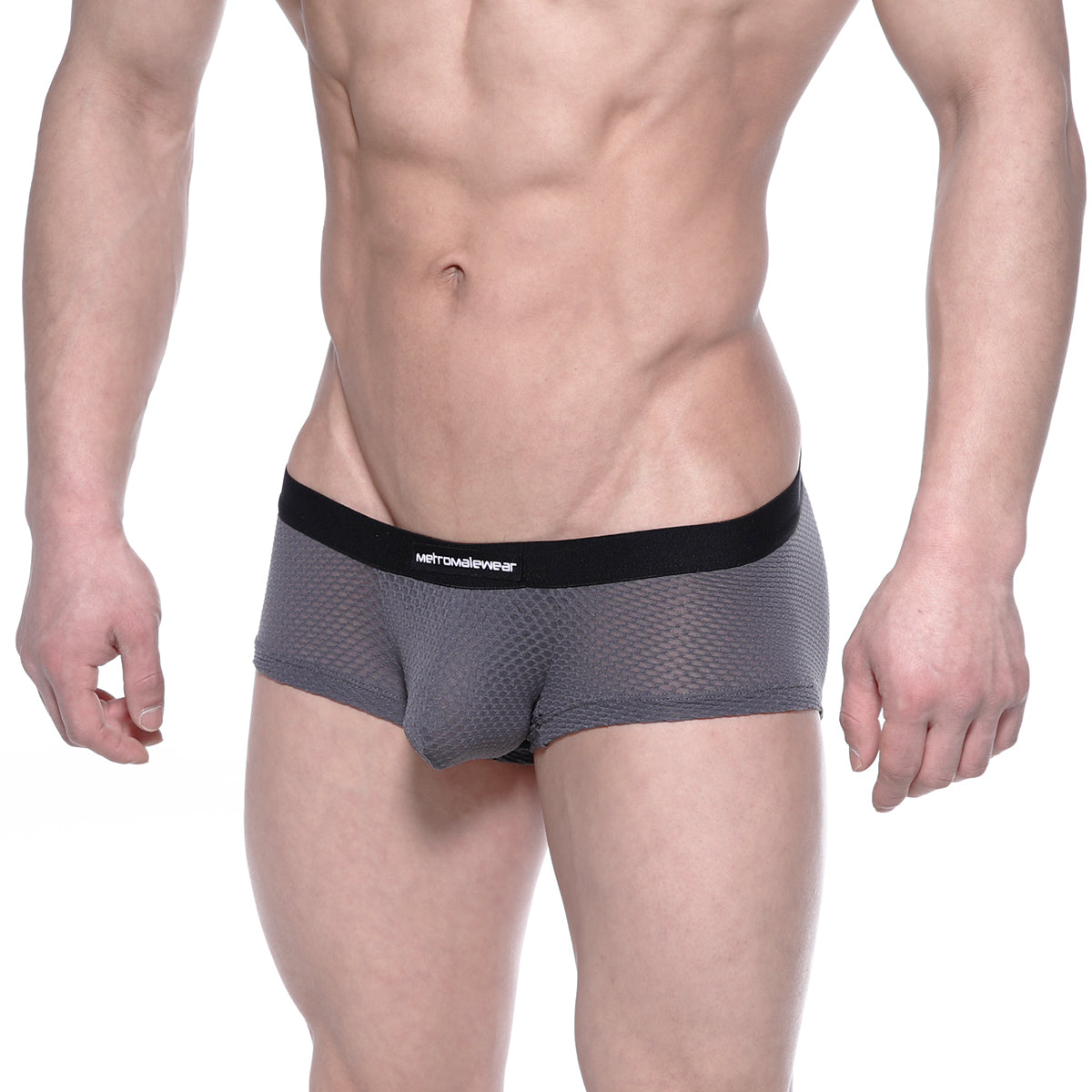 Gray mesh bulge boxer briefs with black metromallwear waistband designed for comfort and style