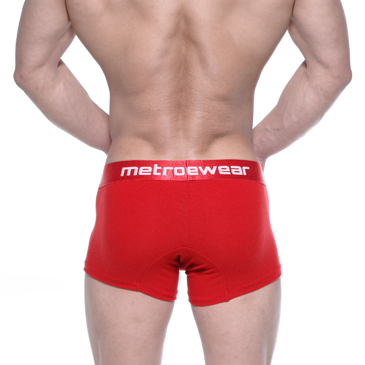 Red metrowear cotton boxer briefs in crimson with a white logo on the waistband for comfortable everyday wear