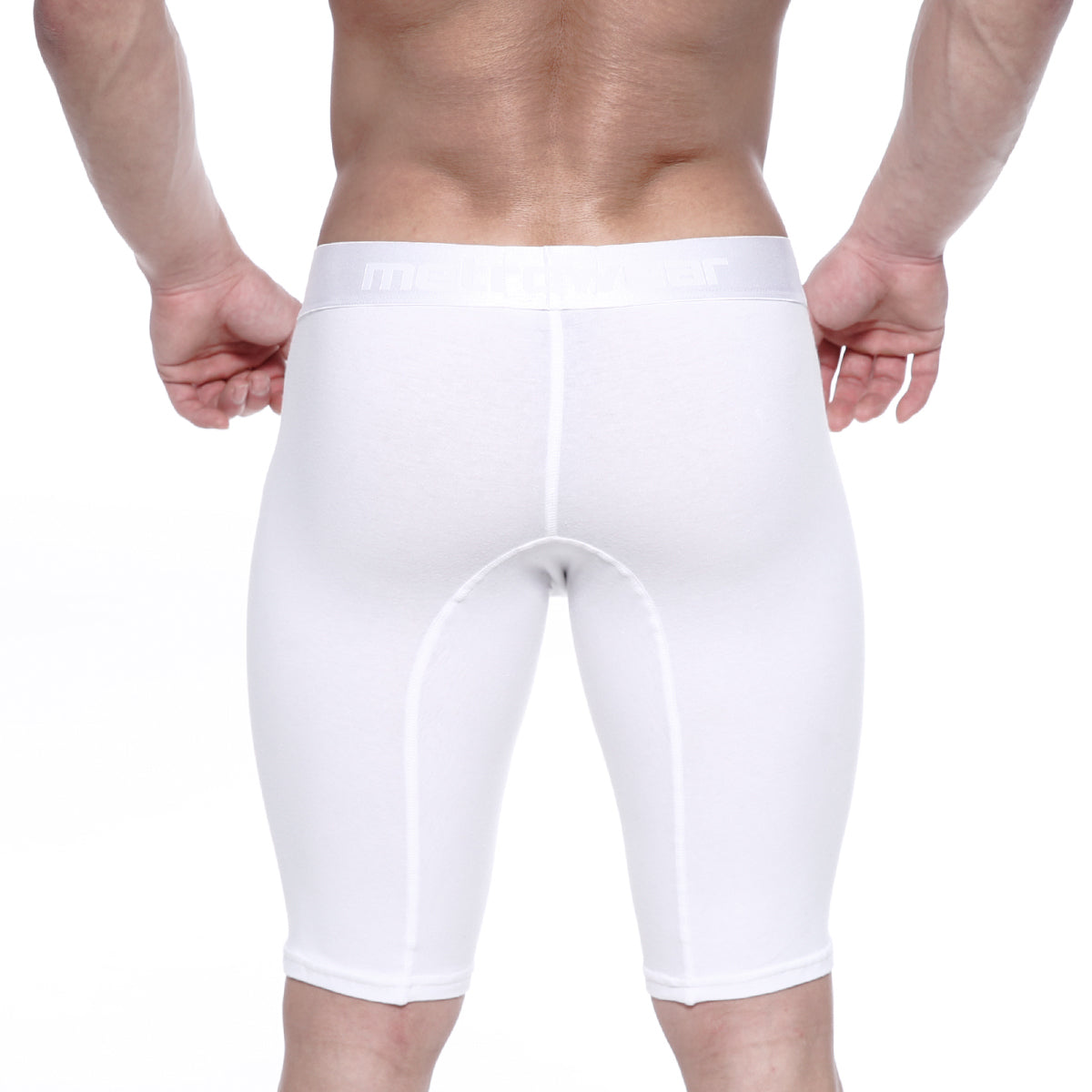 White metro malewear cotton athletic shorts with snug fit and subtle seam detailing for active use