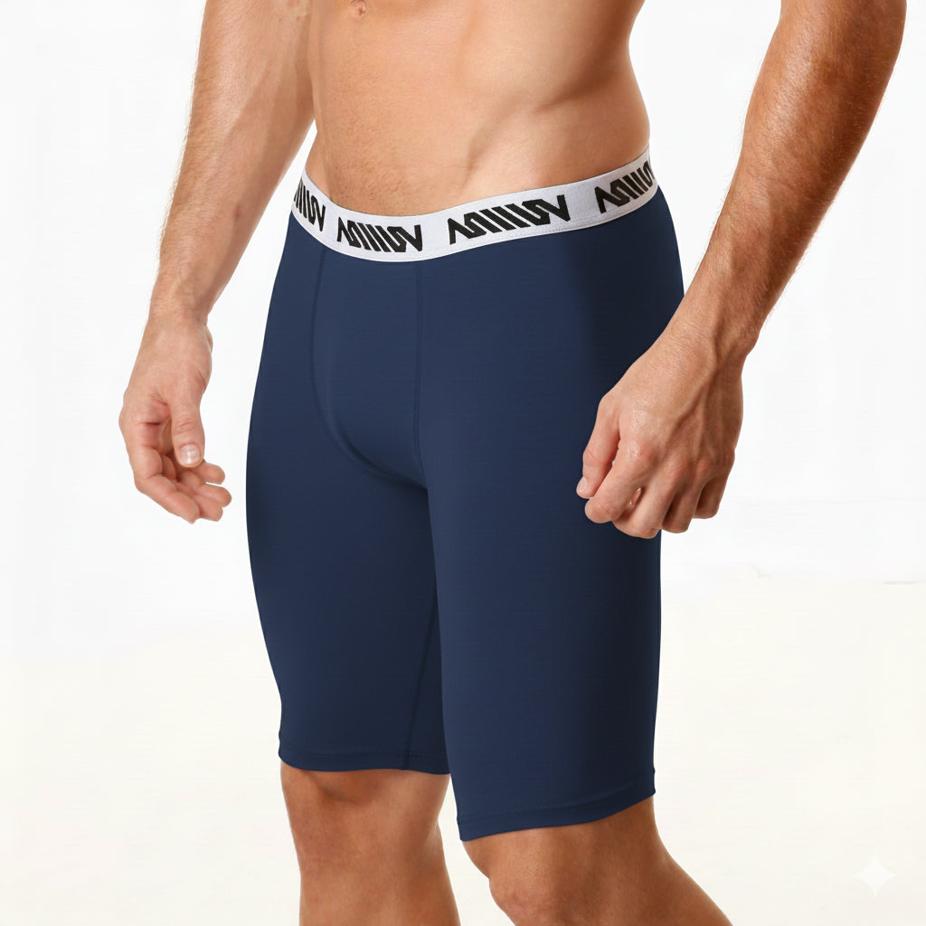 Navy blue MetroMaleWear cotton athletic briefs with a white elastic waistband and black repeating logo text