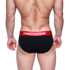 Black metro male wear downhole brief with red waistband and white metrowear logo for comfortable support