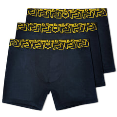 Three navy blue modal boxer briefs with bold yellow geometric waistband in sheath 3.0 no-fly 3 pack set
