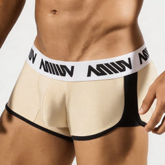 Beige and black MetroMaleWear Active Boxer Gold 3327-21 athletic briefs with white waistband and bold black miiow branding