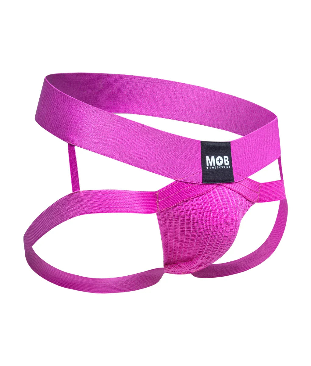 Men’s x jockstrap in vibrant fuchsia pink with textured front panel and wide supportive straps for athletic use