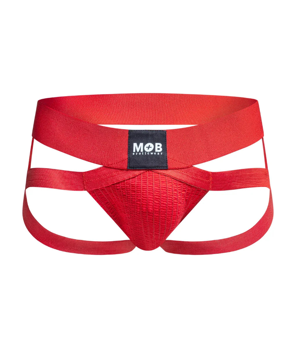 Men’s x jockstrap red fabric briefs with bold crisscross design and black mob eroticwear label on waistband front view