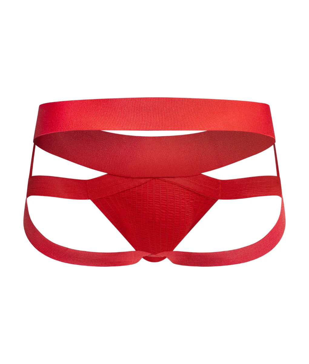 Men’s x jockstrap red athletic-style briefs with textured front panel and wide supportive straps for active wear