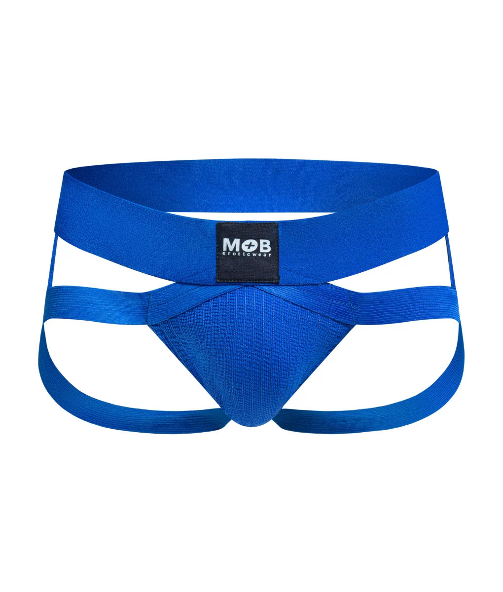 Men’s x jockstrap bright blue form-fitting athletic briefs with bold crisscross design and elastic waistband