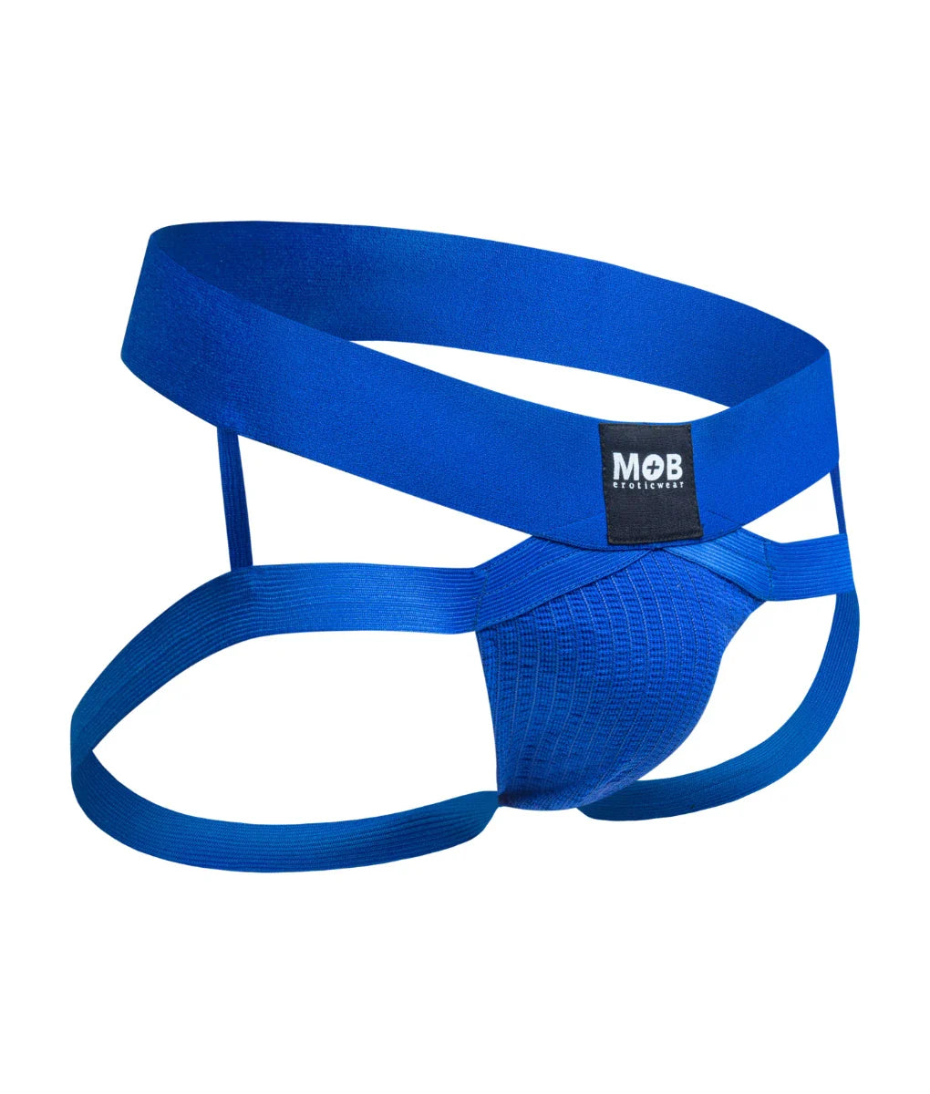 Men’s x jockstrap bright blue seamless athletic briefs with supportive crisscross design and mob eroticwear logo waistband