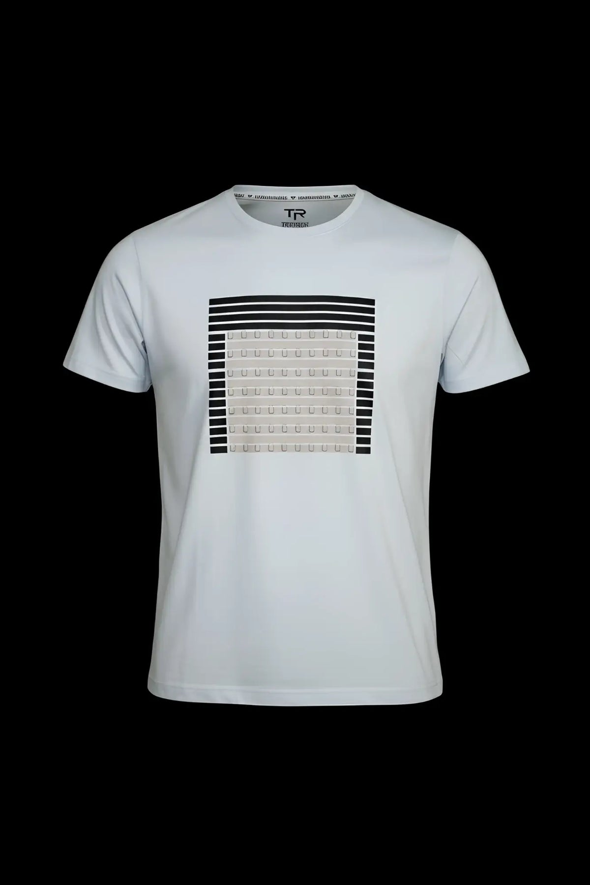 White cotton 3d abstract t-shirt with bold black and beige geometric pattern centered on the chest