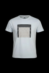 White cotton 3d abstract t-shirt with bold black and beige geometric pattern centered on the chest
